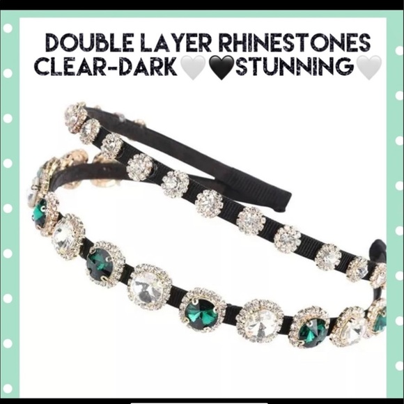 Double Layer Rhinestones Clear & Green 💚 Stunning Headband 🤍💚🤍 - Picture 3 of 8